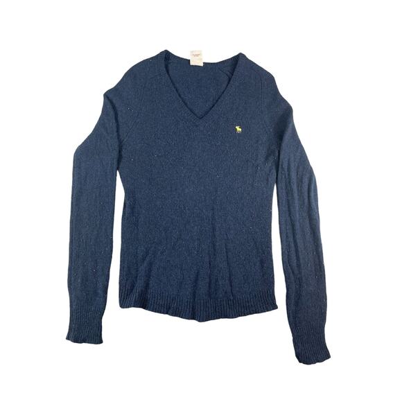 Abercrombie Sweater Womens Large Lambs Wool Blue Vintage Long Sleeve V-Neck Logo - Picture 1 of 10